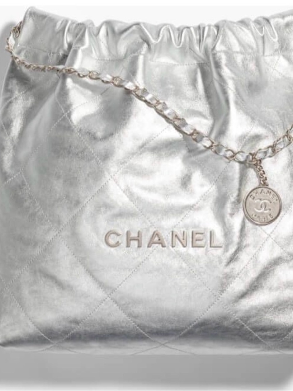 CHANEL Silver Quilted Drawstring Shoulder Pouch with Chain